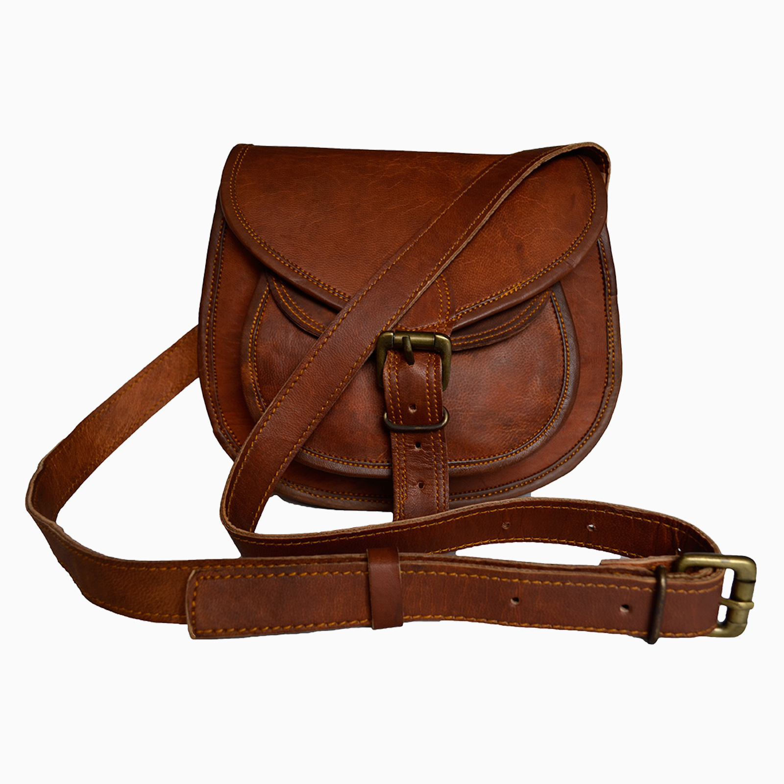 Genuine Leather Womens Sling Cross body Purse Saddle Brown Bag